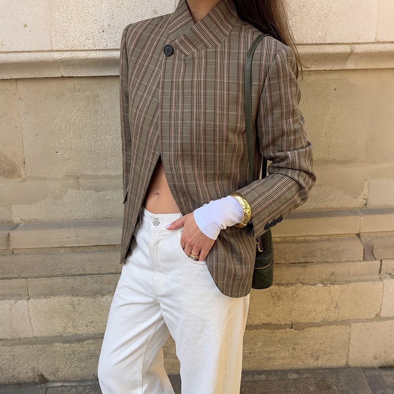Women's Plaid Asymmetric High Neck Blazer Jacket