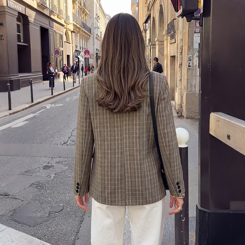 Women's Plaid Asymmetric High Neck Blazer Jacket