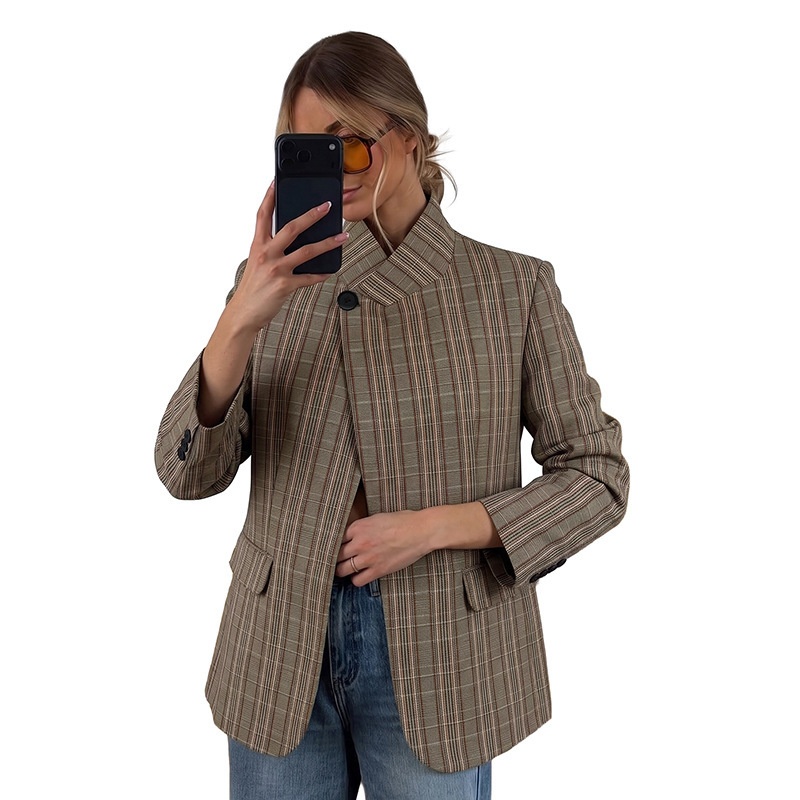 Women's Plaid Asymmetric High Neck Blazer Jacket