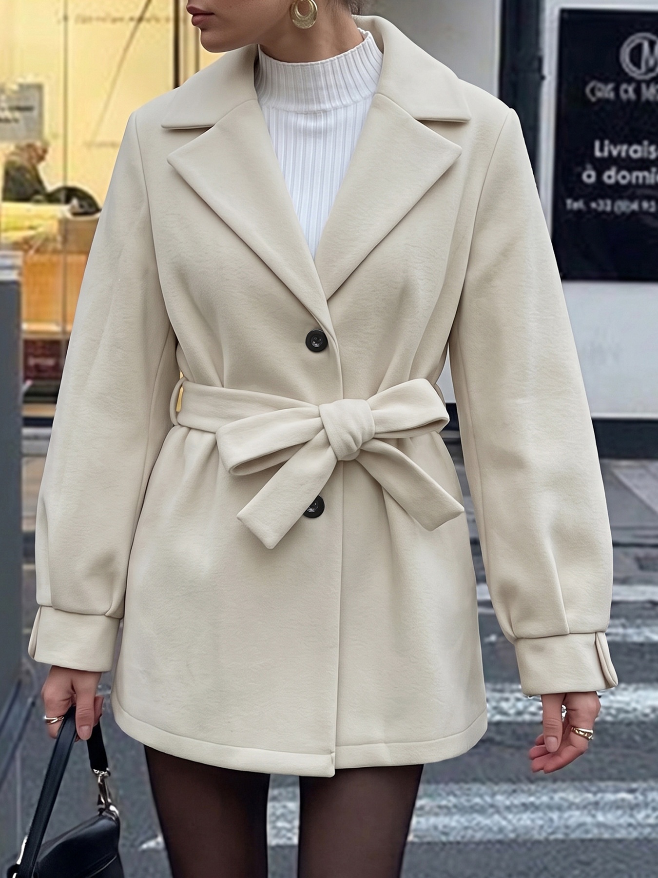 Cappotto beige con cintura e abbottonatura frontale, con colletto a revers.
