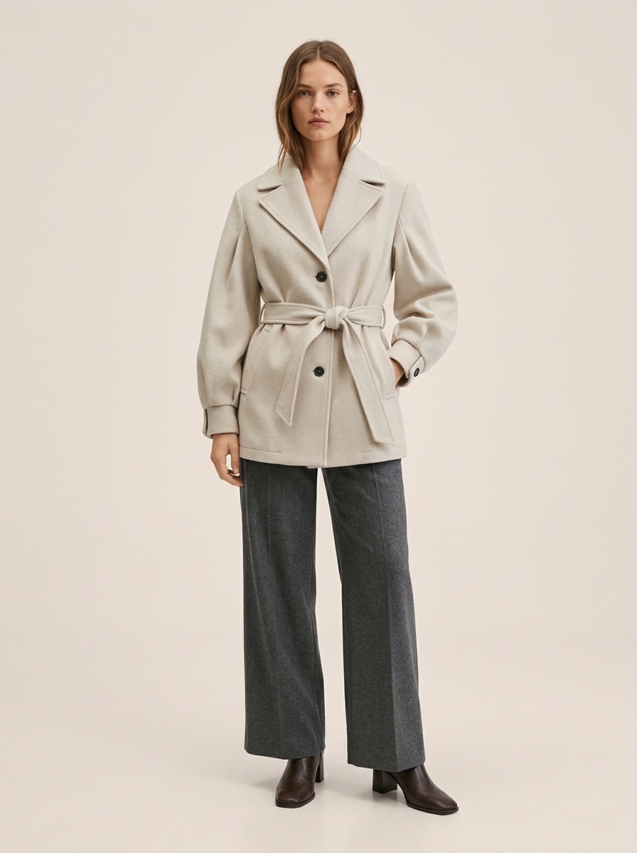 Cappotto beige con cintura e abbottonatura frontale, con colletto a revers.