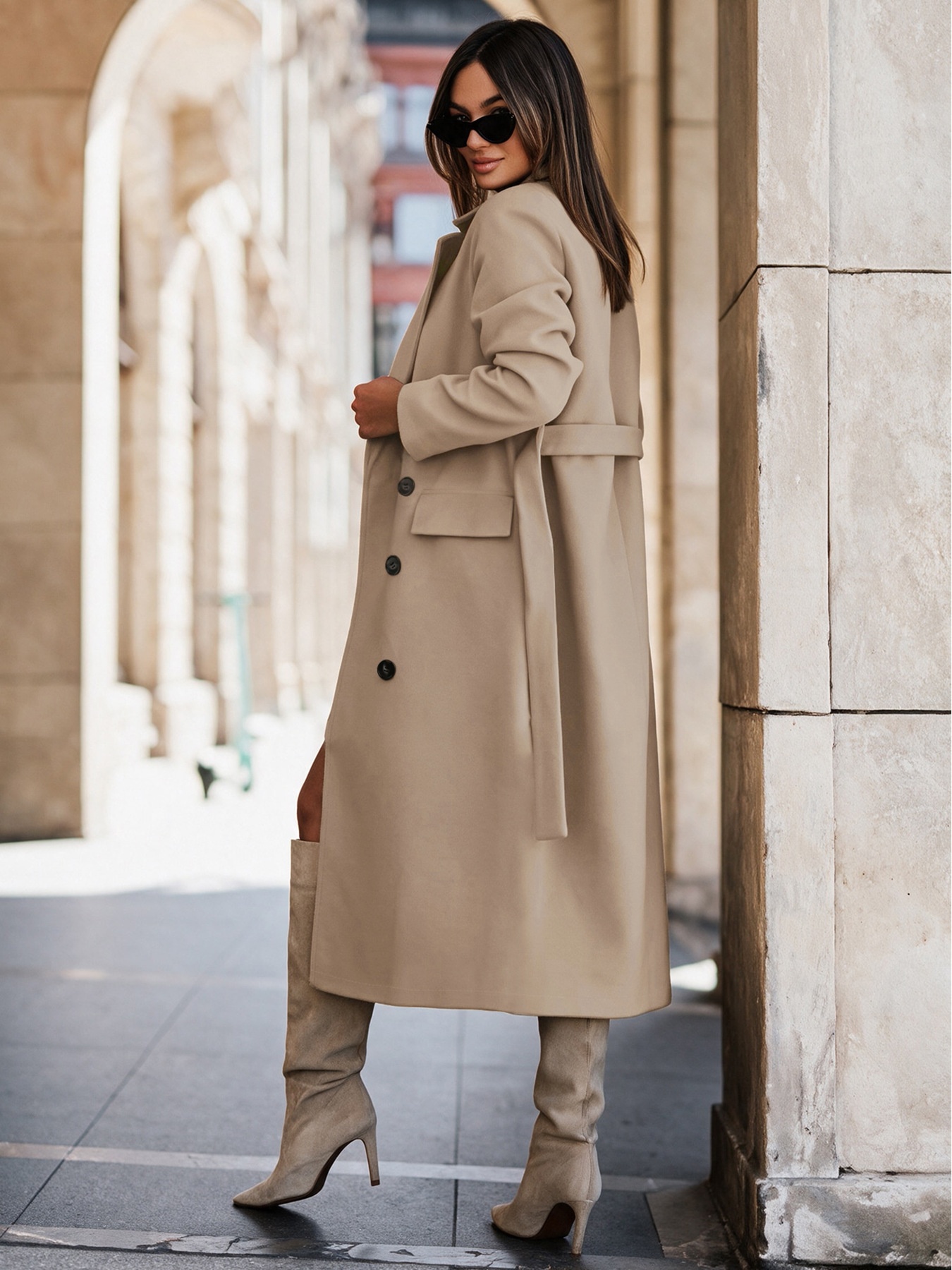 Women's Double-Breasted Longline Belted Trench Coat