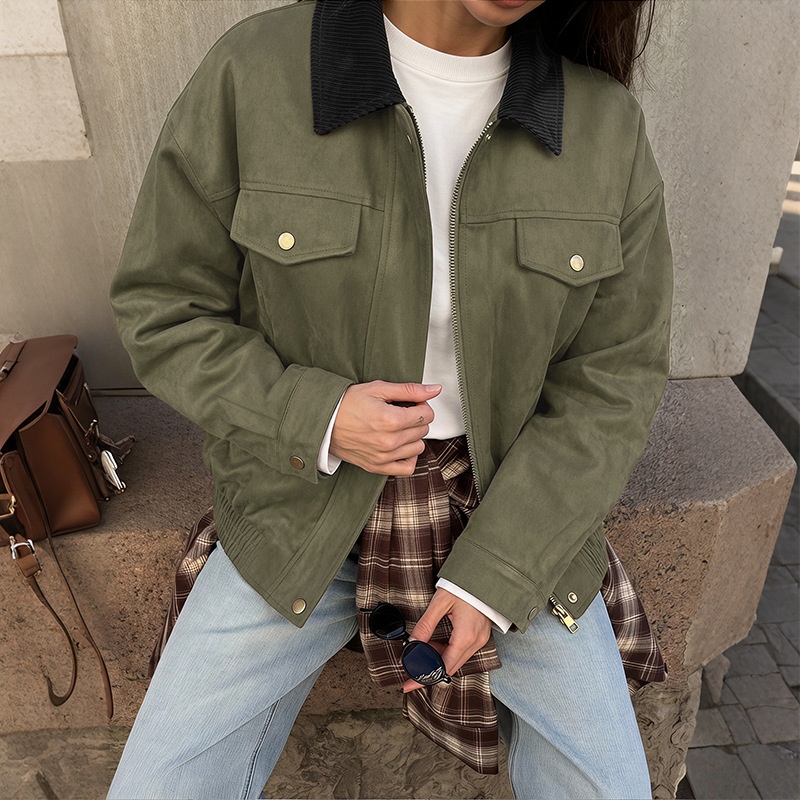 Women's Corduroy Collar Faux Suede Bomber Jacket