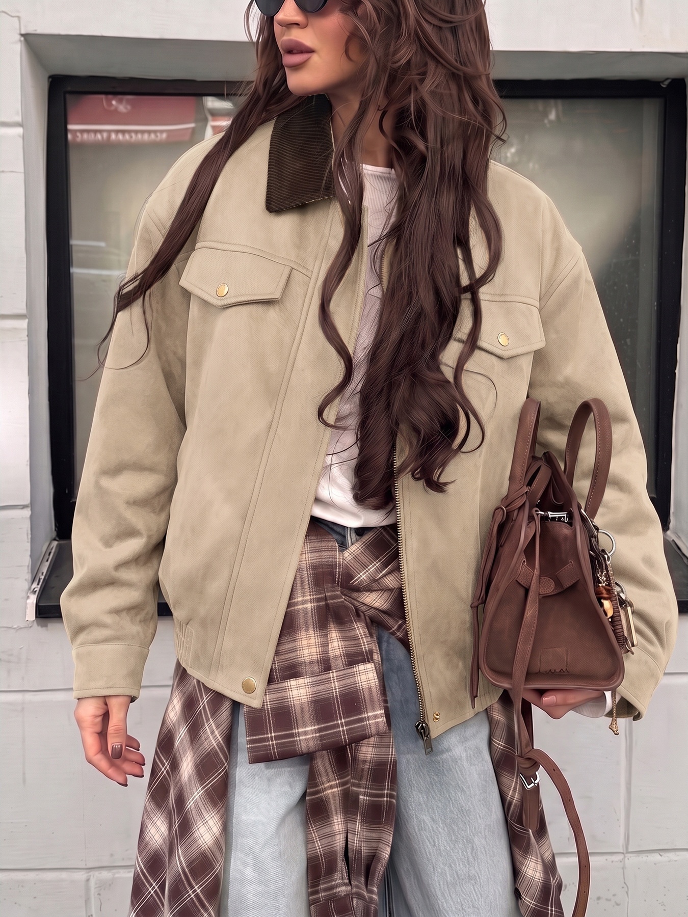 Women's Corduroy Collar Faux Suede Bomber Jacket
