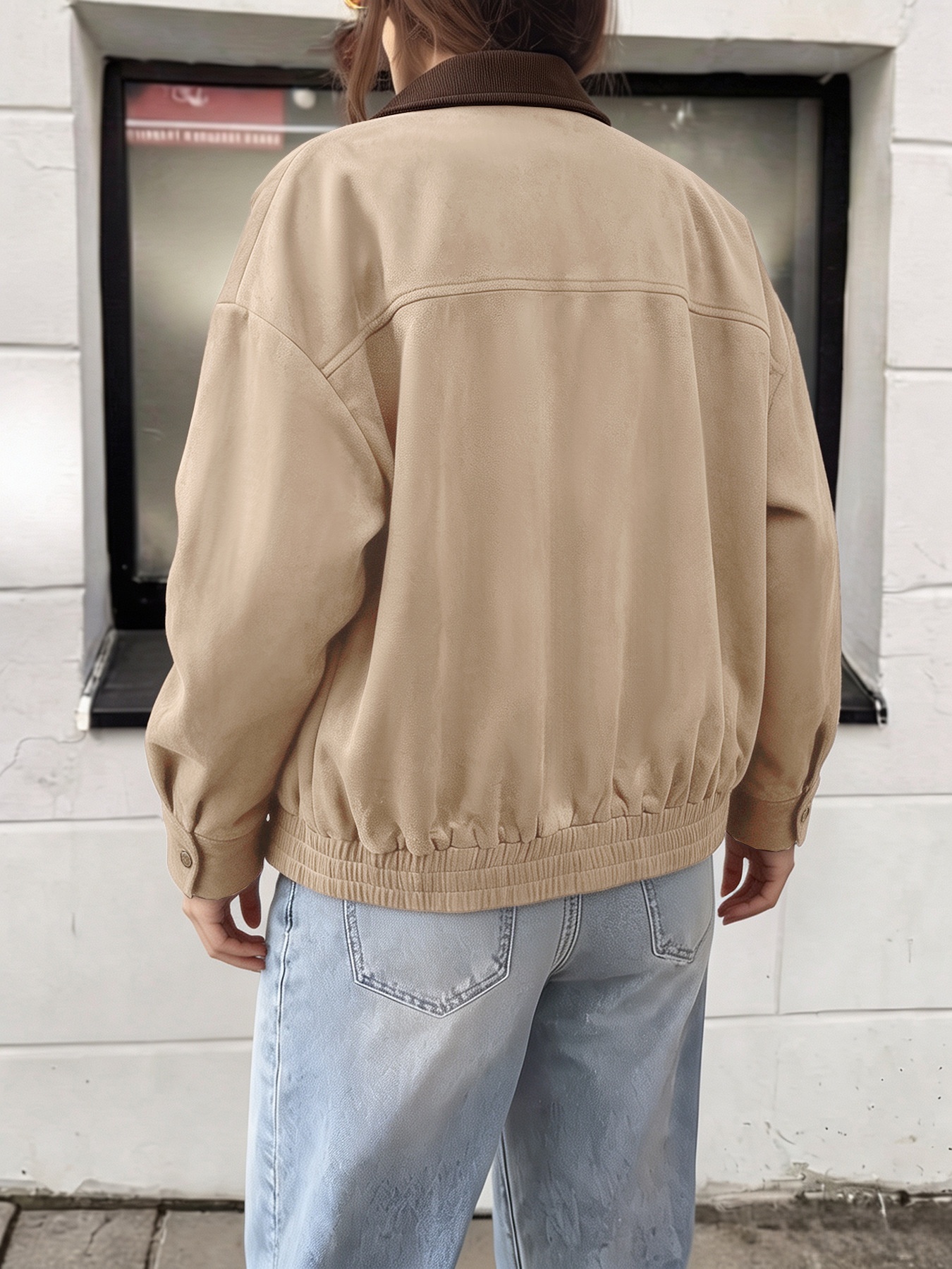 Women's Corduroy Collar Faux Suede Bomber Jacket