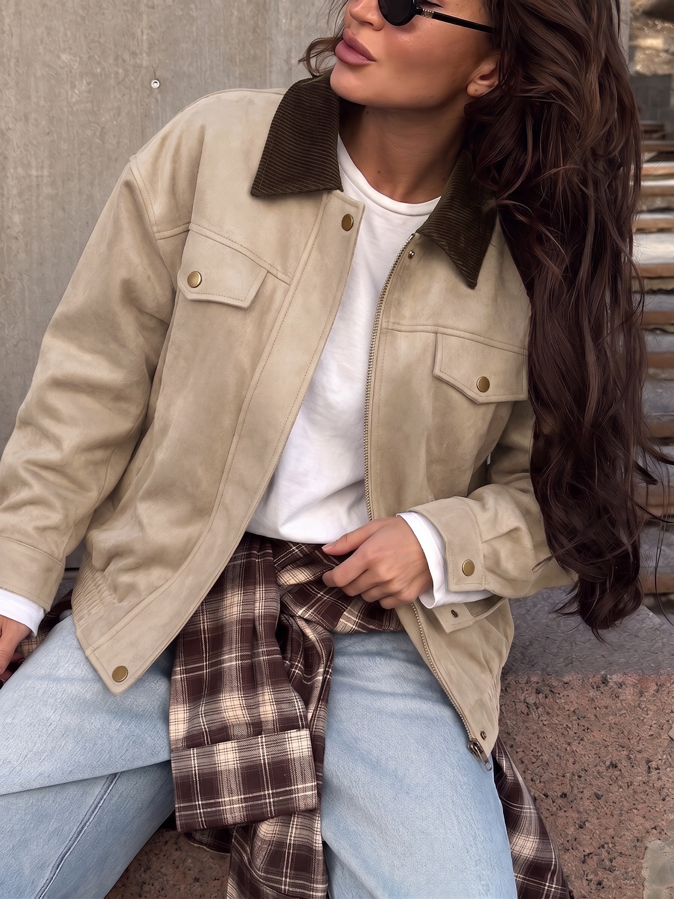 Women's Corduroy Collar Faux Suede Bomber Jacket