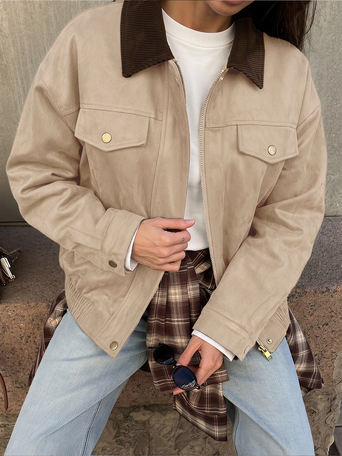 Women's Corduroy Collar Faux Suede Bomber Jacket
