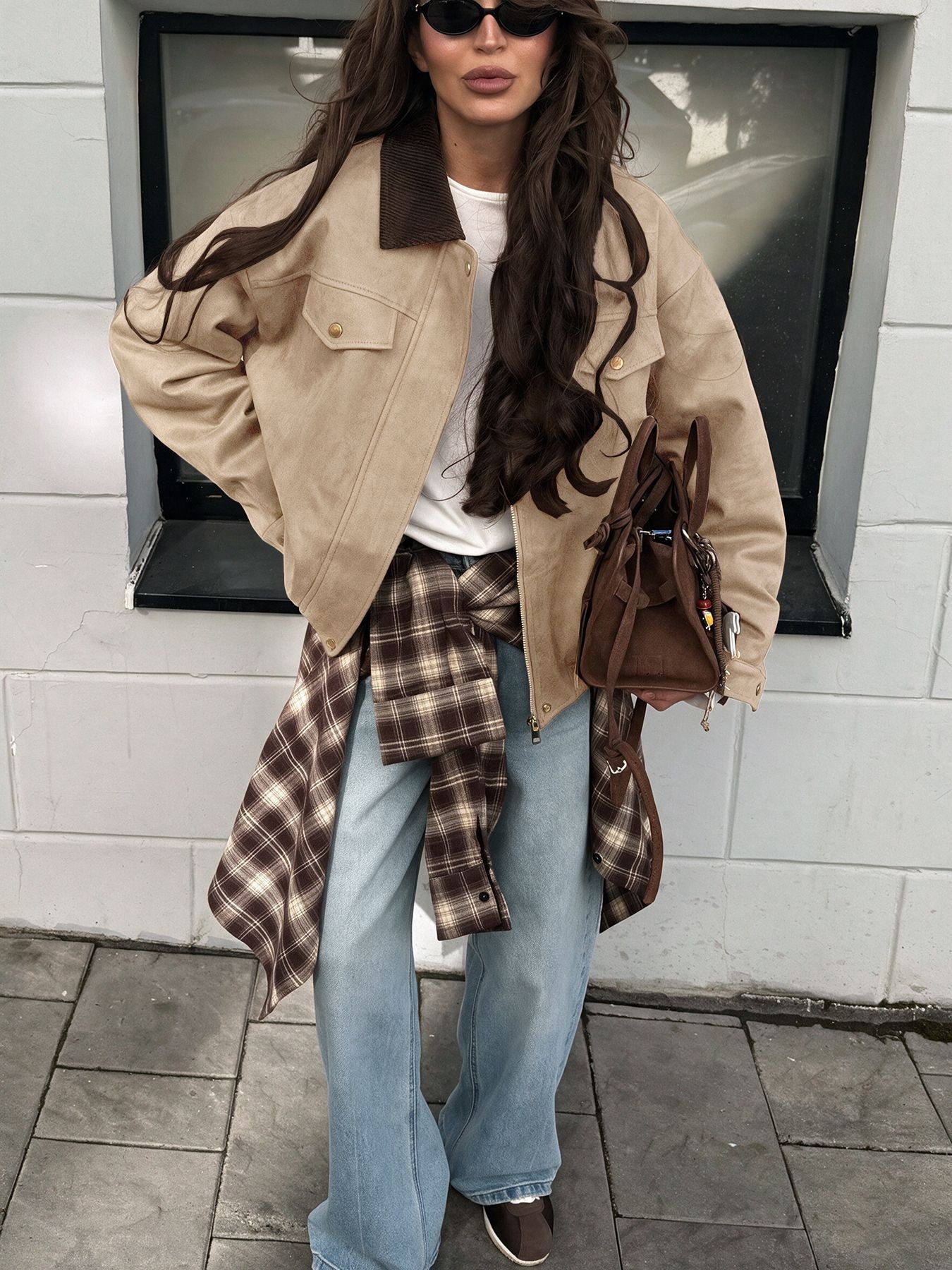 Women's Corduroy Collar Faux Suede Bomber Jacket