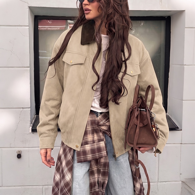 Women's Corduroy Collar Faux Suede Bomber Jacket