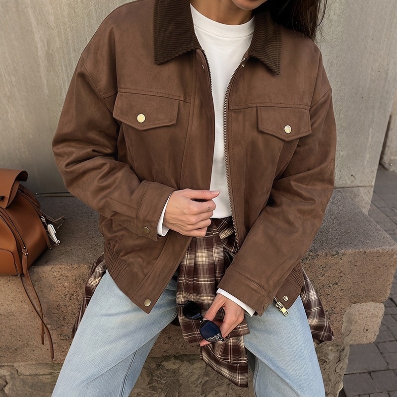 Women's Corduroy Collar Faux Suede Bomber Jacket