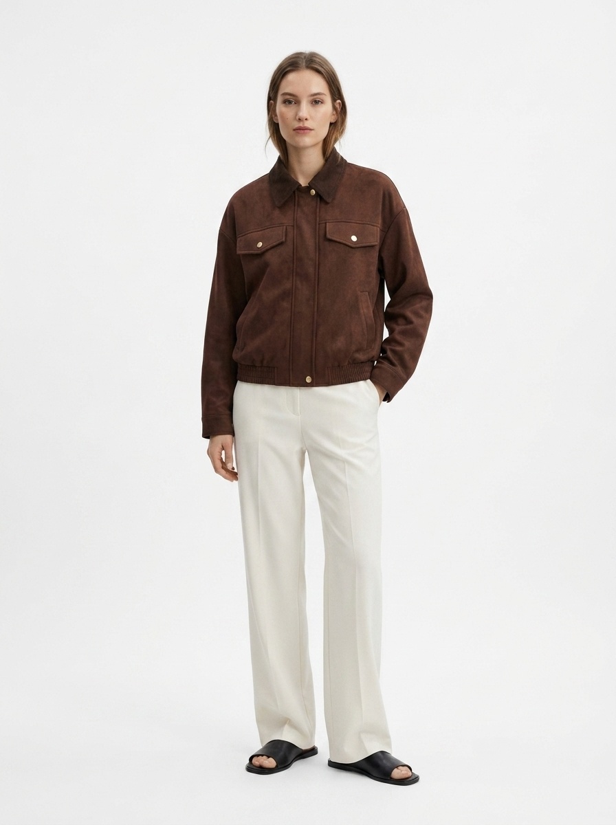 Women's Corduroy Collar Faux Suede Bomber Jacket