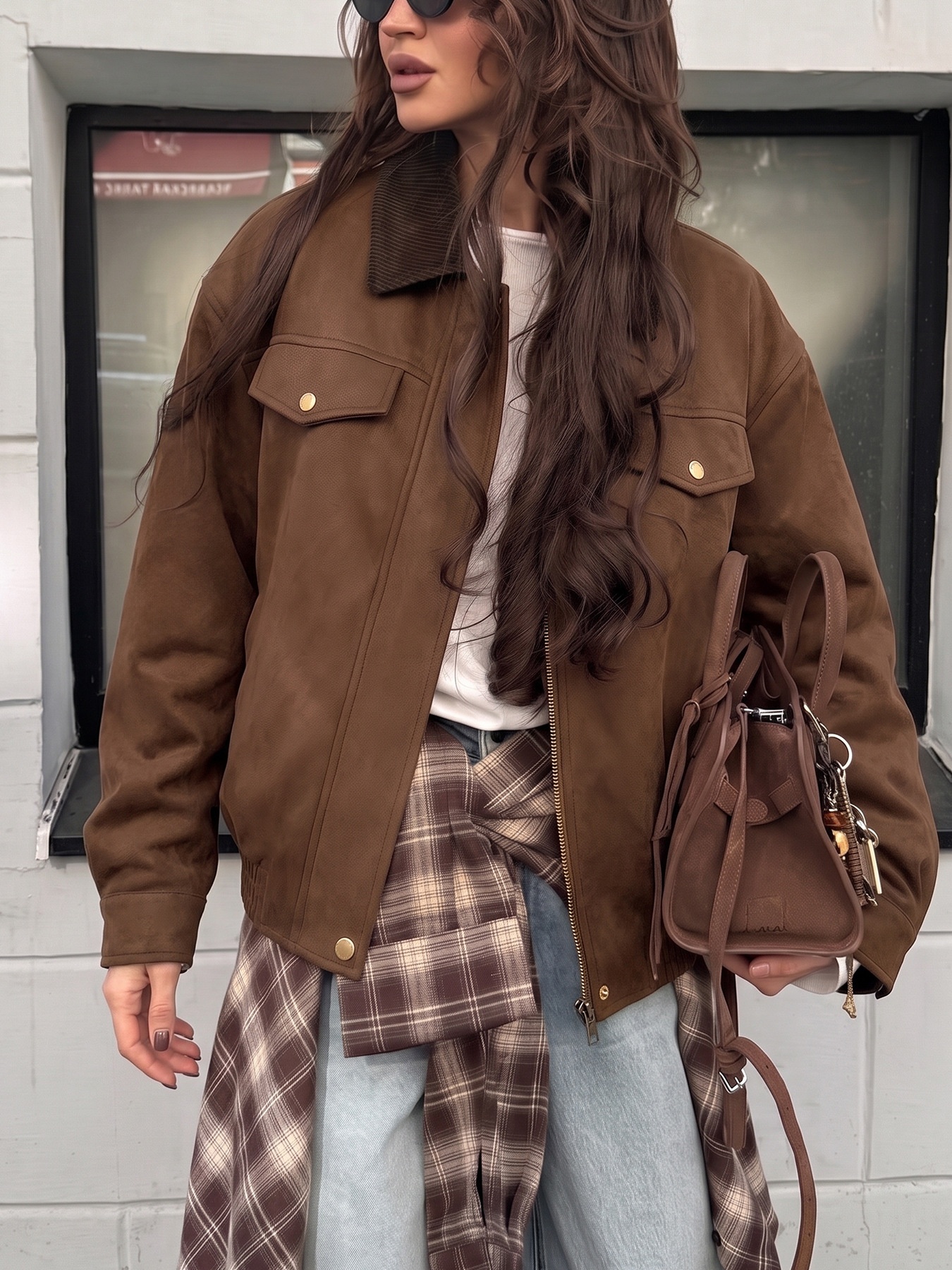 Women's Corduroy Collar Faux Suede Bomber Jacket