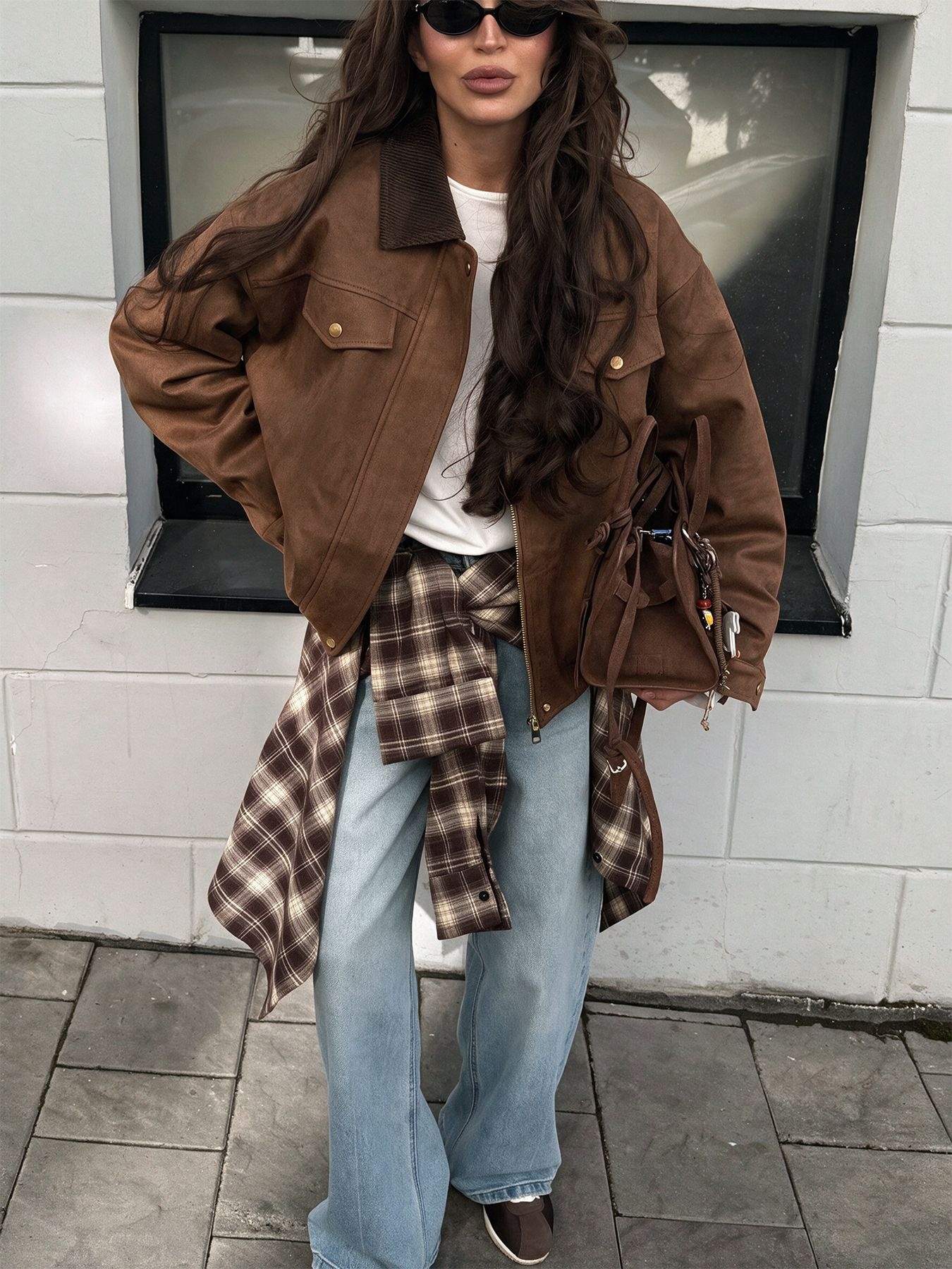 Women's Corduroy Collar Faux Suede Bomber Jacket