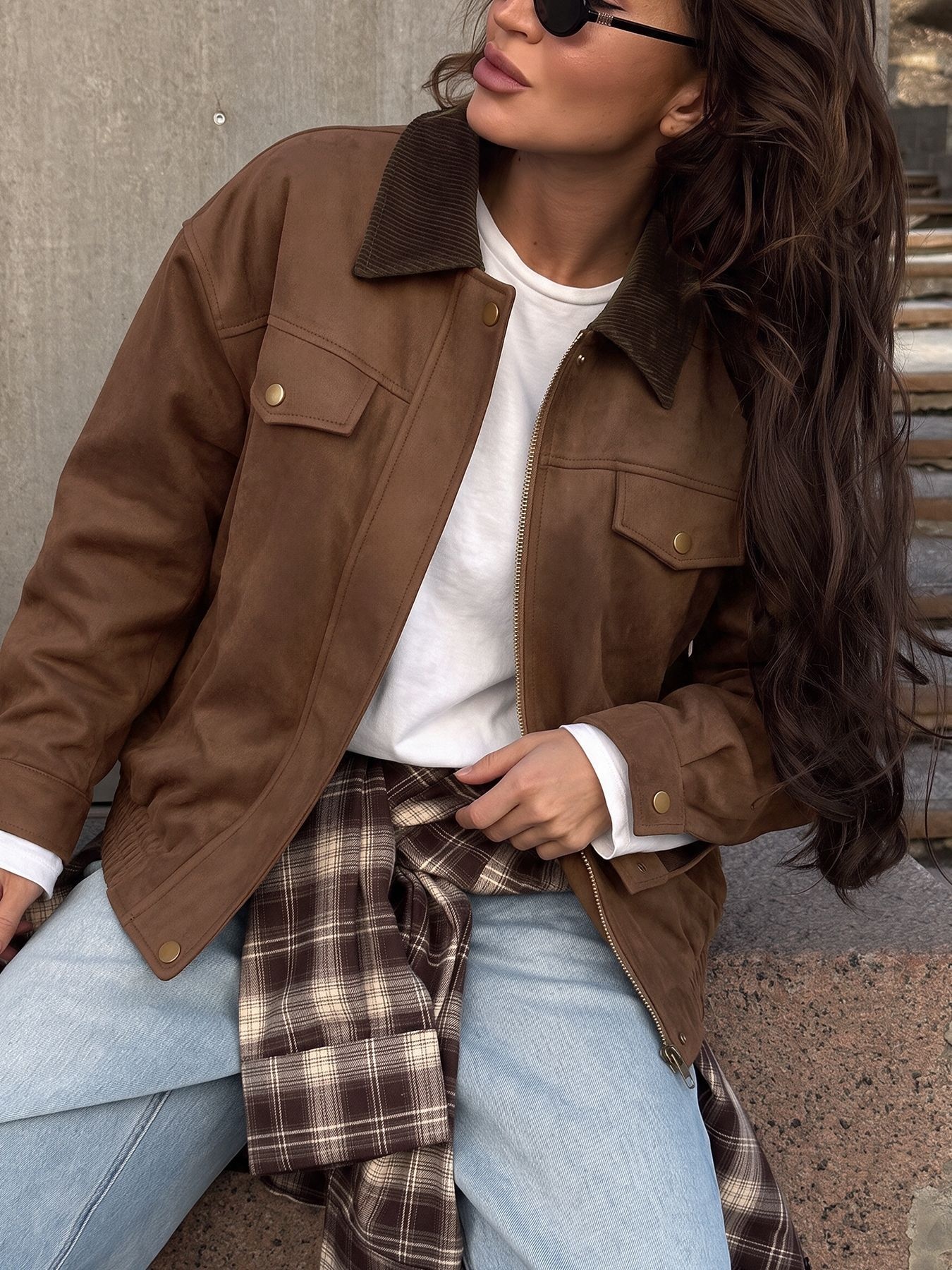 Women's Corduroy Collar Faux Suede Bomber Jacket