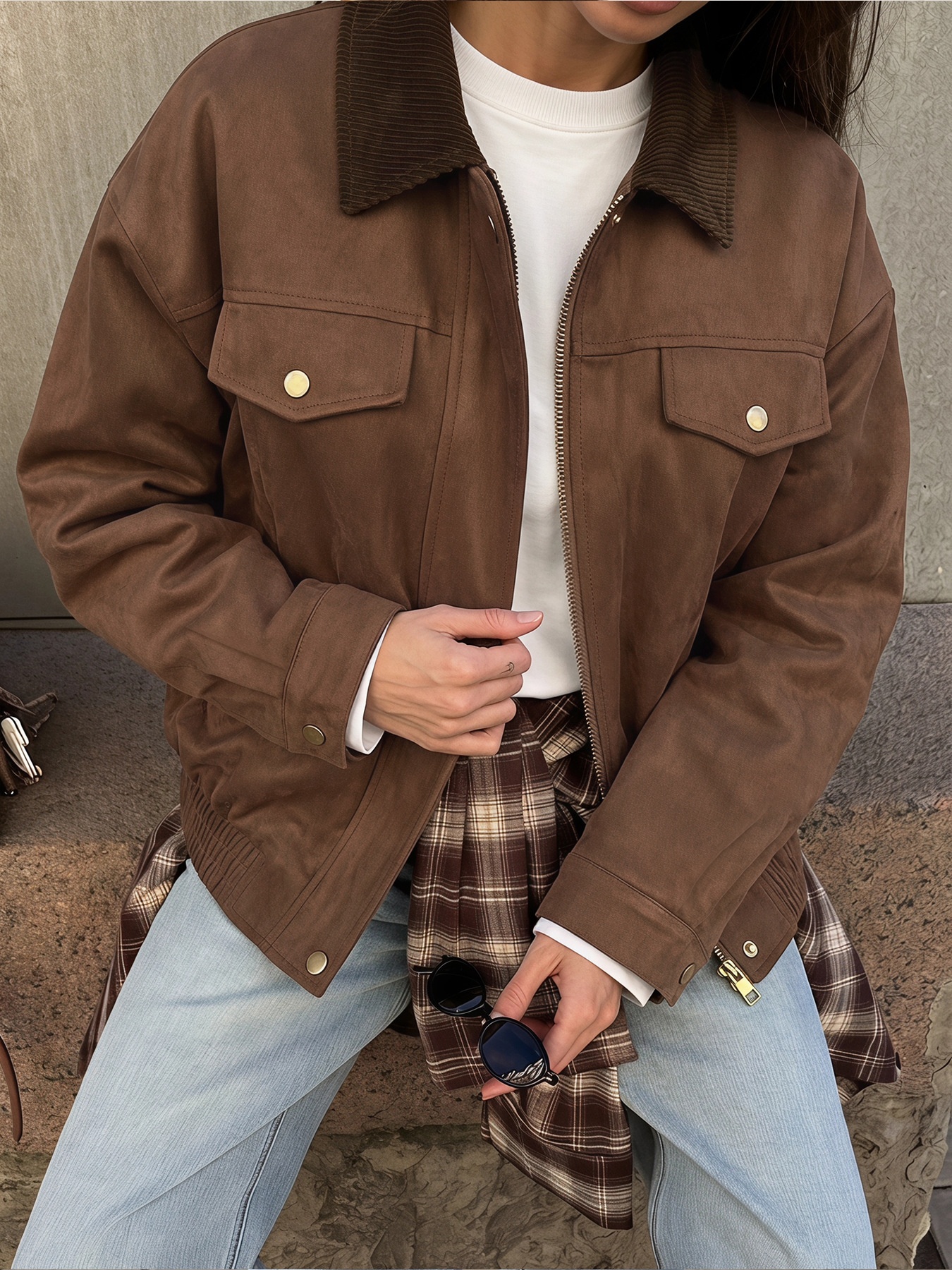 Women's Corduroy Collar Faux Suede Bomber Jacket