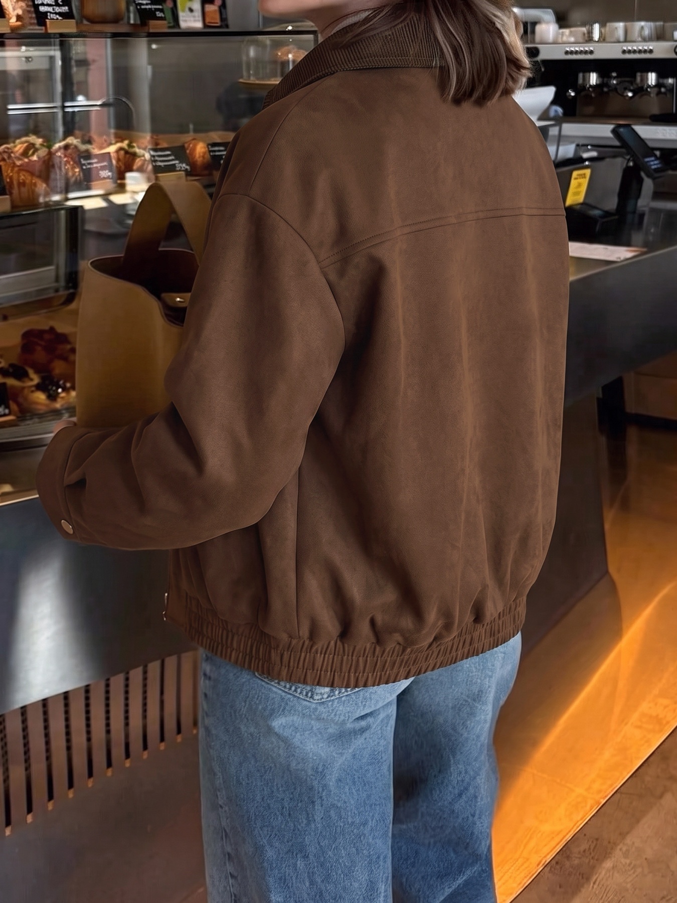 Women's Corduroy Collar Faux Suede Bomber Jacket