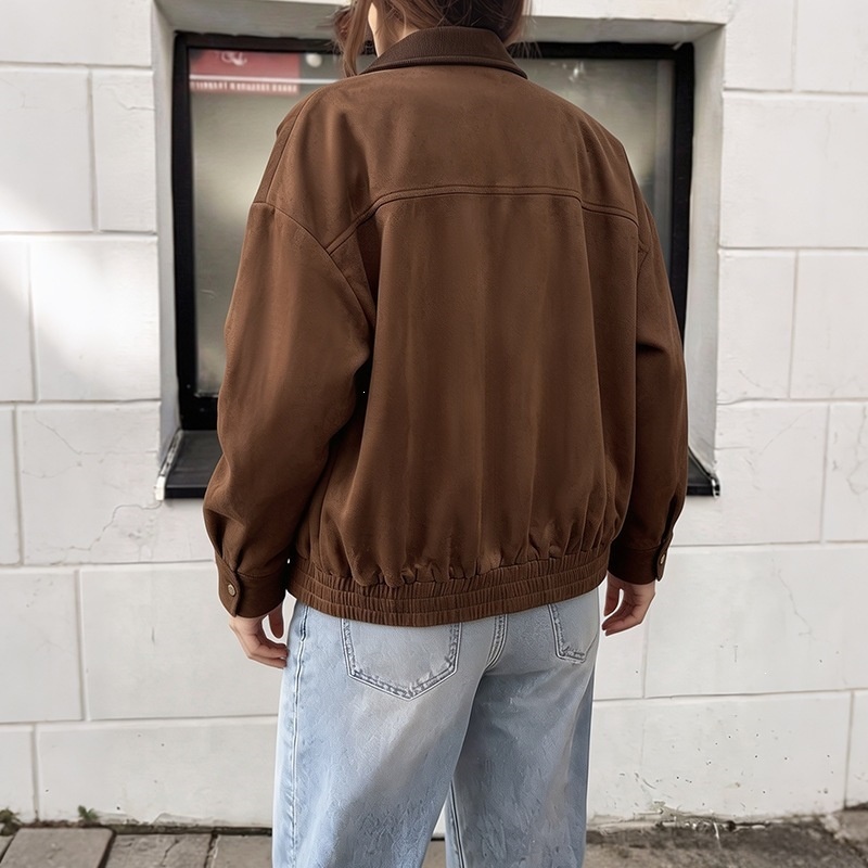 Women's Corduroy Collar Faux Suede Bomber Jacket