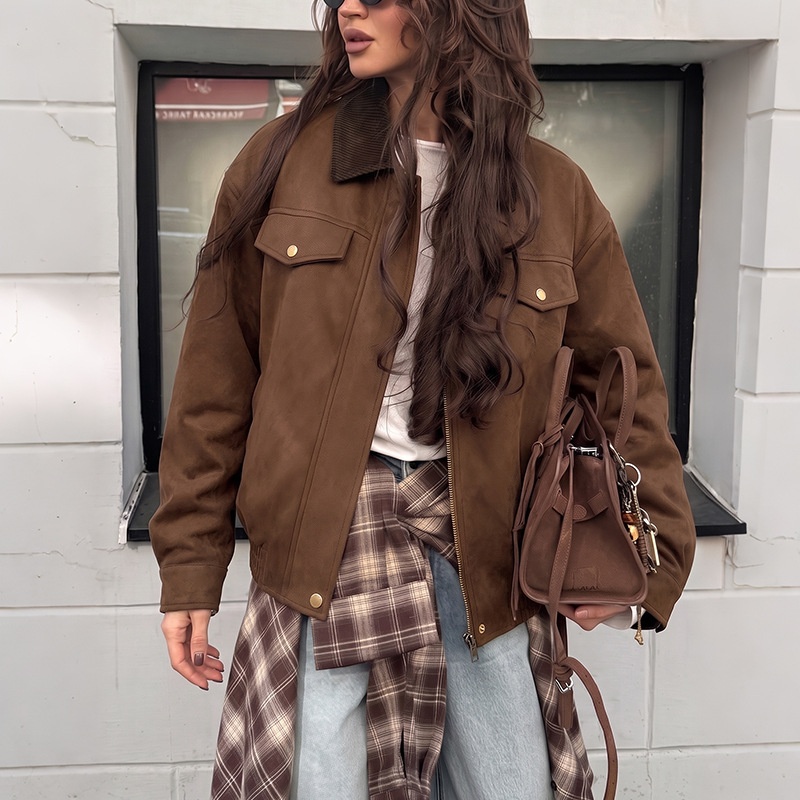 Women's Corduroy Collar Faux Suede Bomber Jacket
