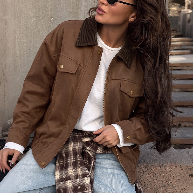 Women's Corduroy Collar Faux Suede Bomber Jacket