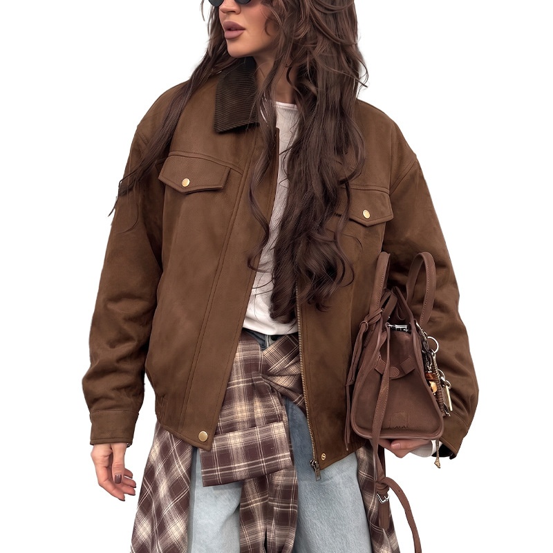 Women's Corduroy Collar Faux Suede Bomber Jacket