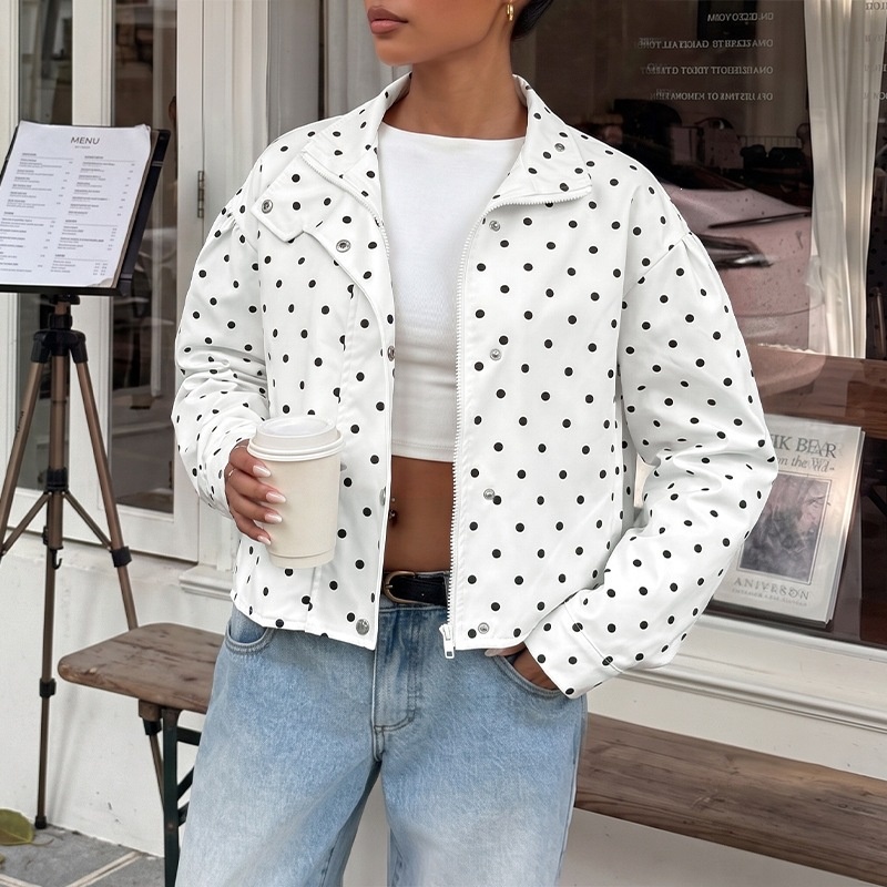 Polka Dot High Neck Zip Up Cropped Jacket