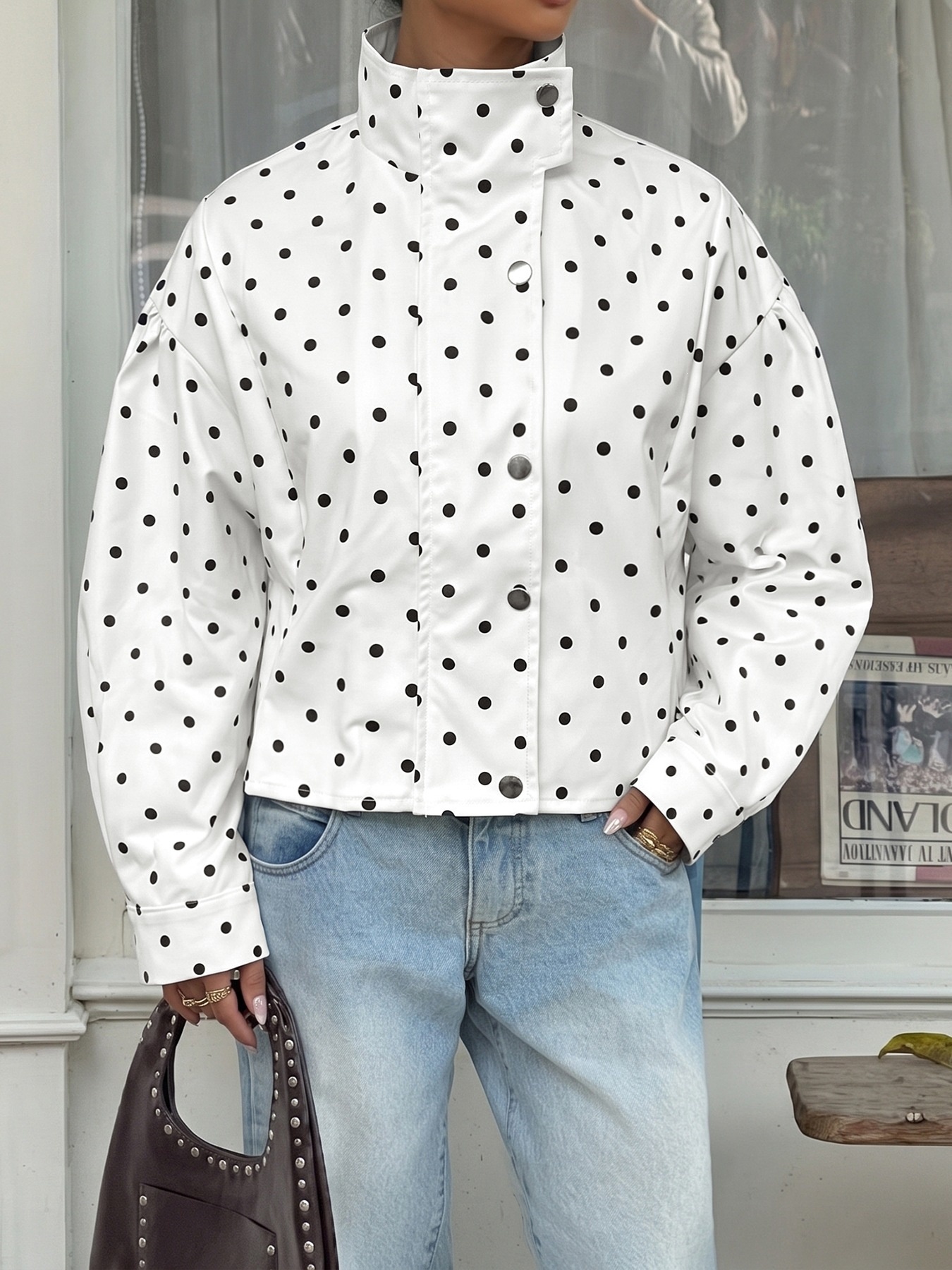 Polka Dot High Neck Zip Up Cropped Jacket