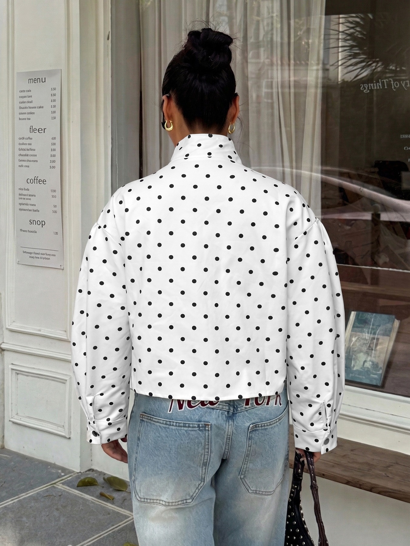 Polka Dot High Neck Zip Up Cropped Jacket
