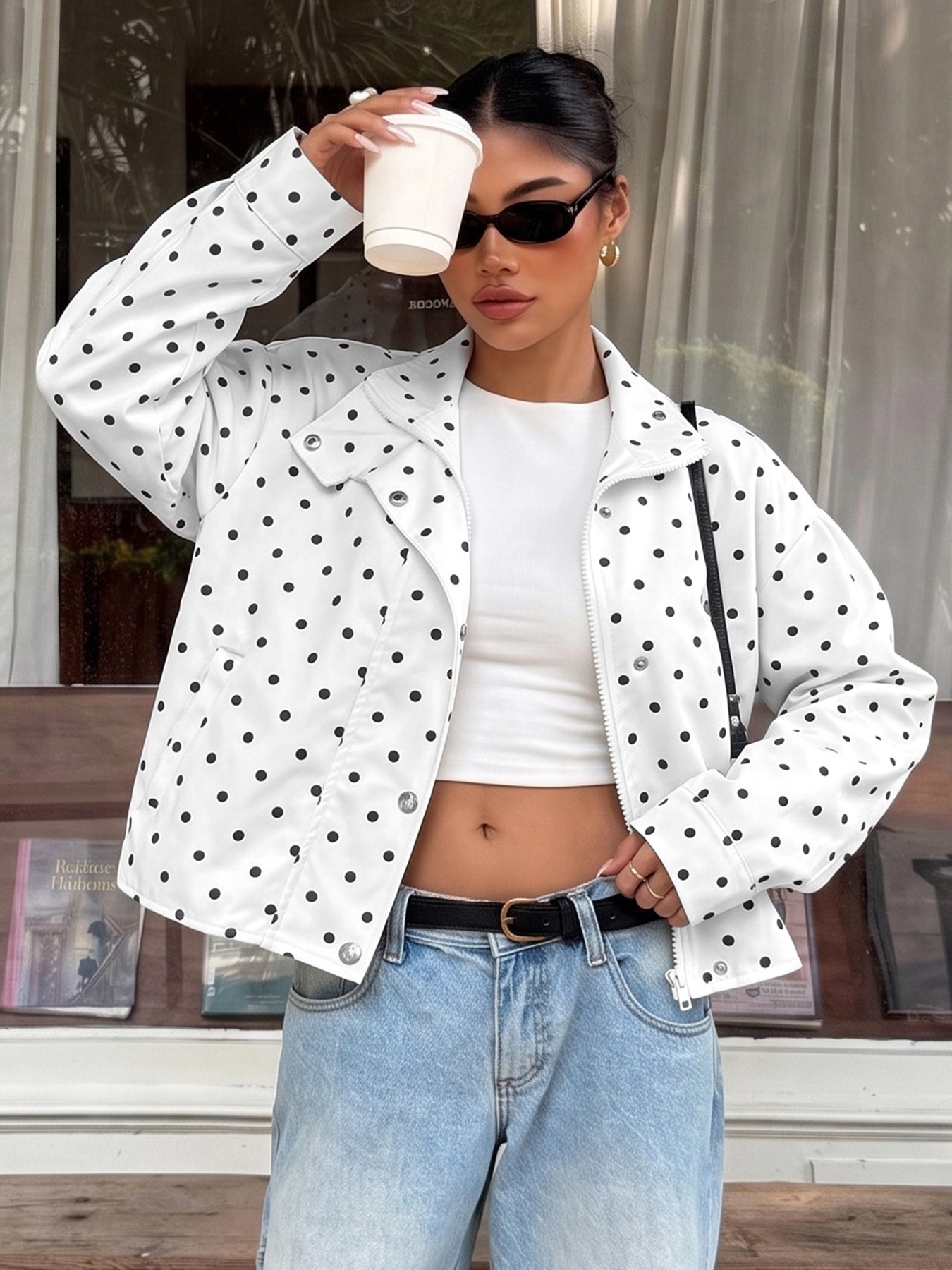 Polka Dot High Neck Zip Up Cropped Jacket