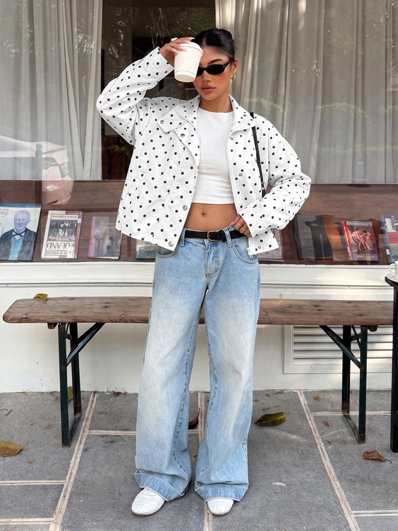 Polka Dot High Neck Zip Up Cropped Jacket