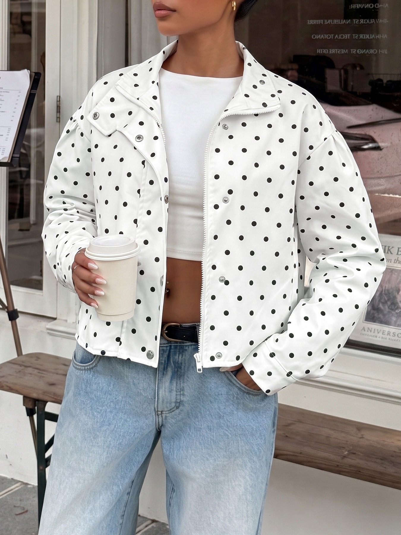 Polka Dot High Neck Zip Up Cropped Jacket