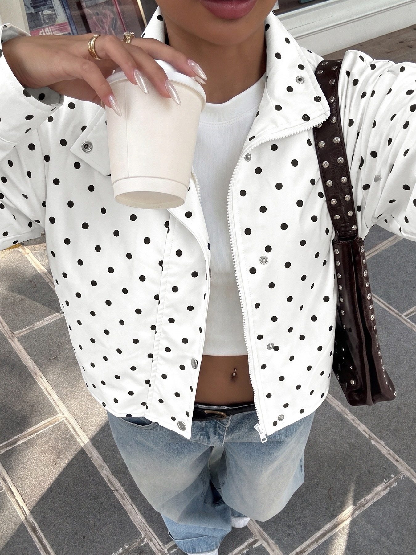 Polka Dot High Neck Zip Up Cropped Jacket