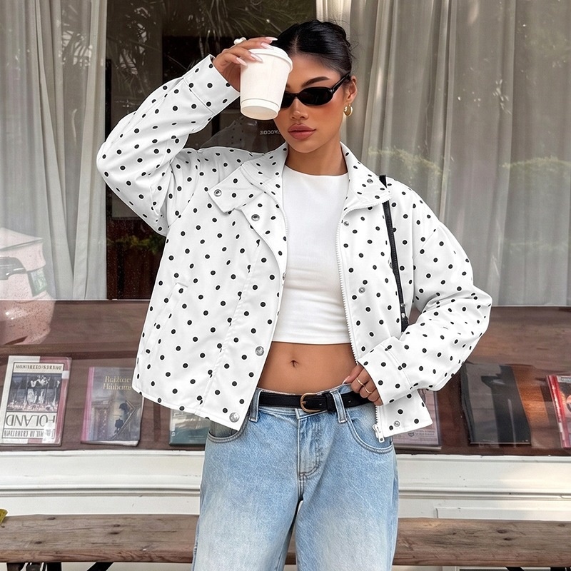 Polka Dot High Neck Zip Up Cropped Jacket
