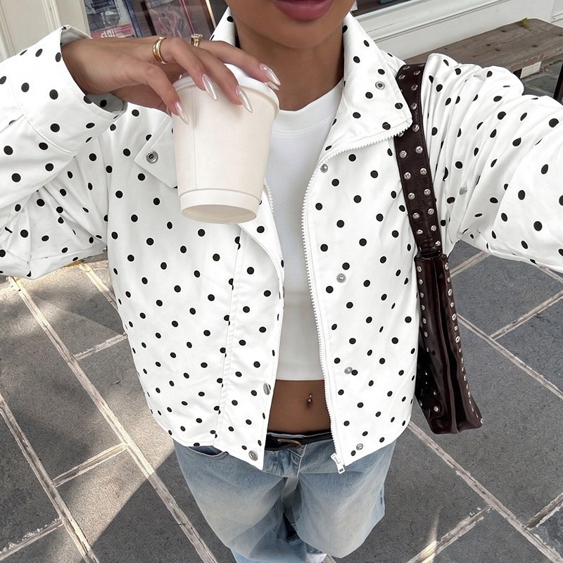 Polka Dot High Neck Zip Up Cropped Jacket