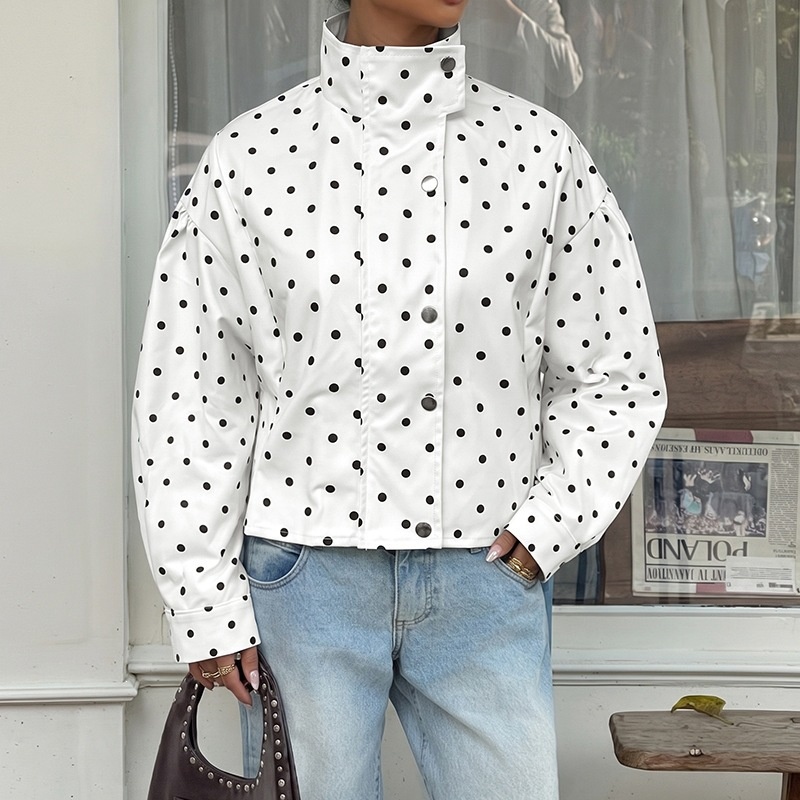 Polka Dot High Neck Zip Up Cropped Jacket