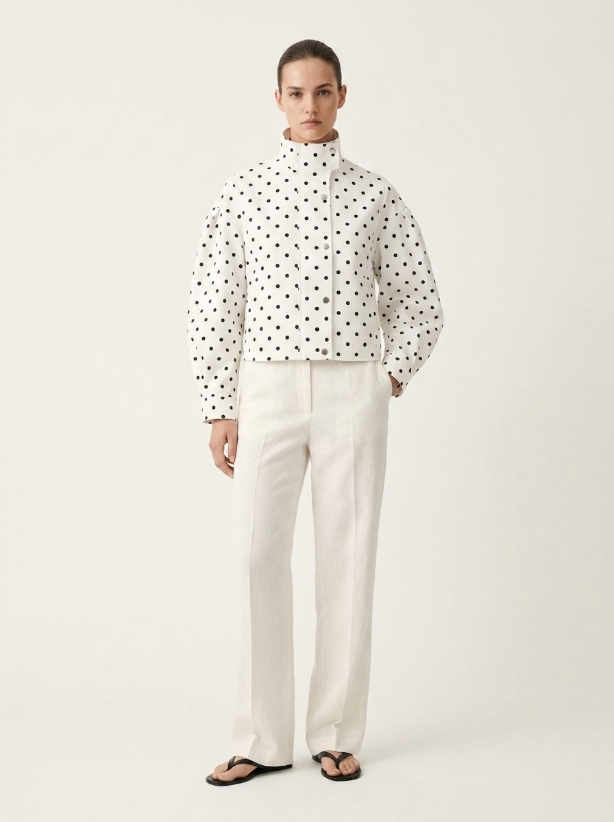 Polka Dot High Neck Zip Up Cropped Jacket