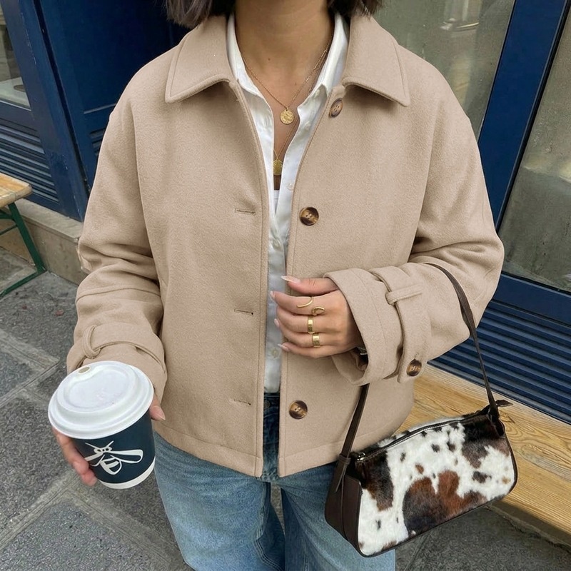 Women's Beige Button-Front Cropped Woolen Jacket