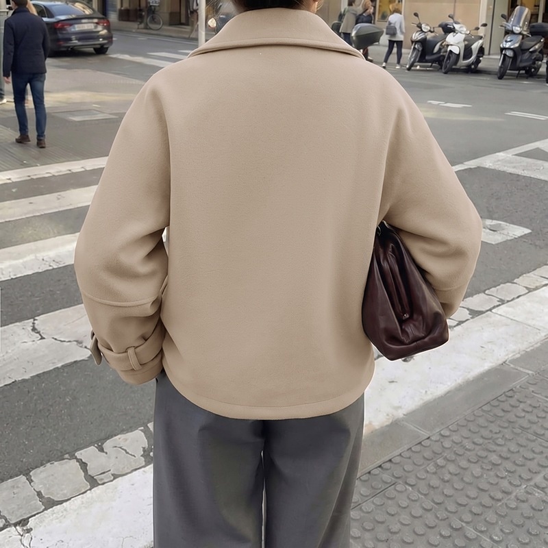Women's Beige Button-Front Cropped Woolen Jacket