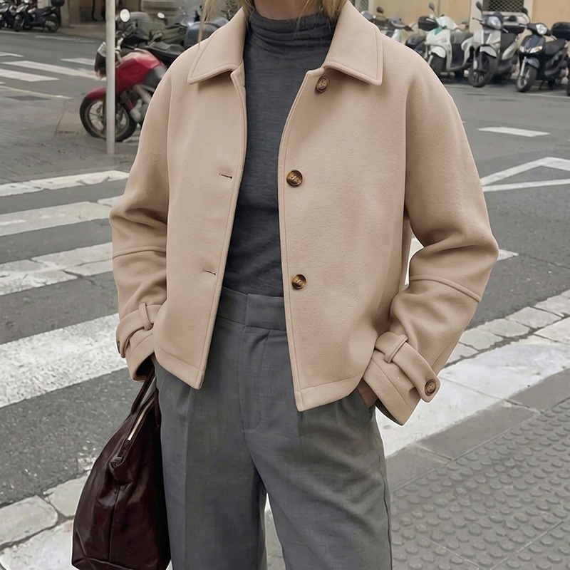 Women's Beige Button-Front Cropped Woolen Jacket