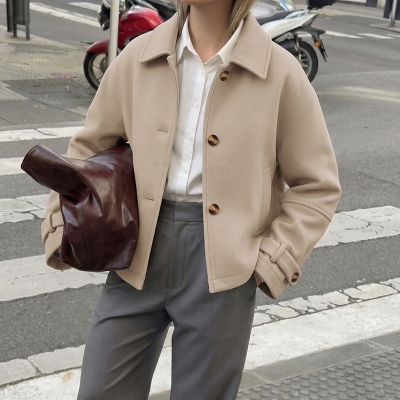 Women's Beige Button-Front Cropped Woolen Jacket