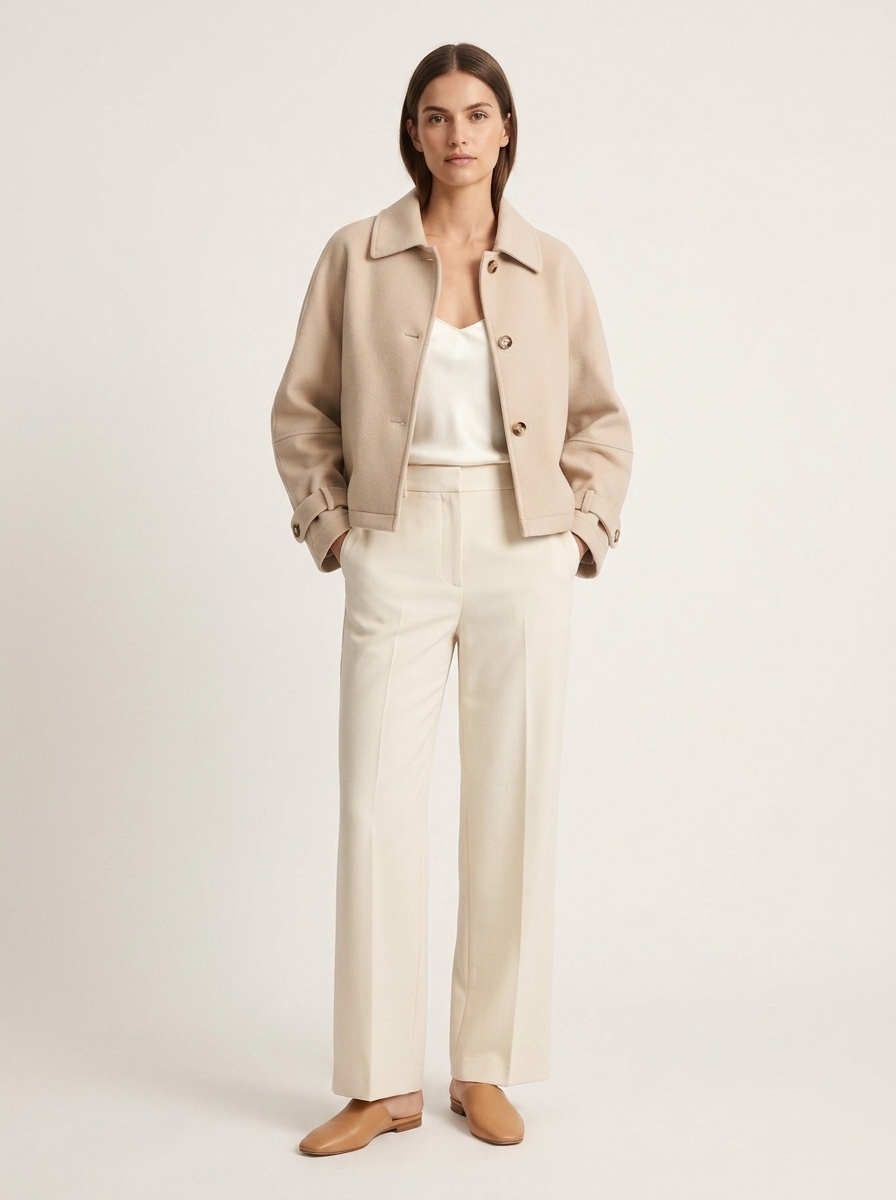 Women's Beige Button-Front Cropped Woolen Jacket