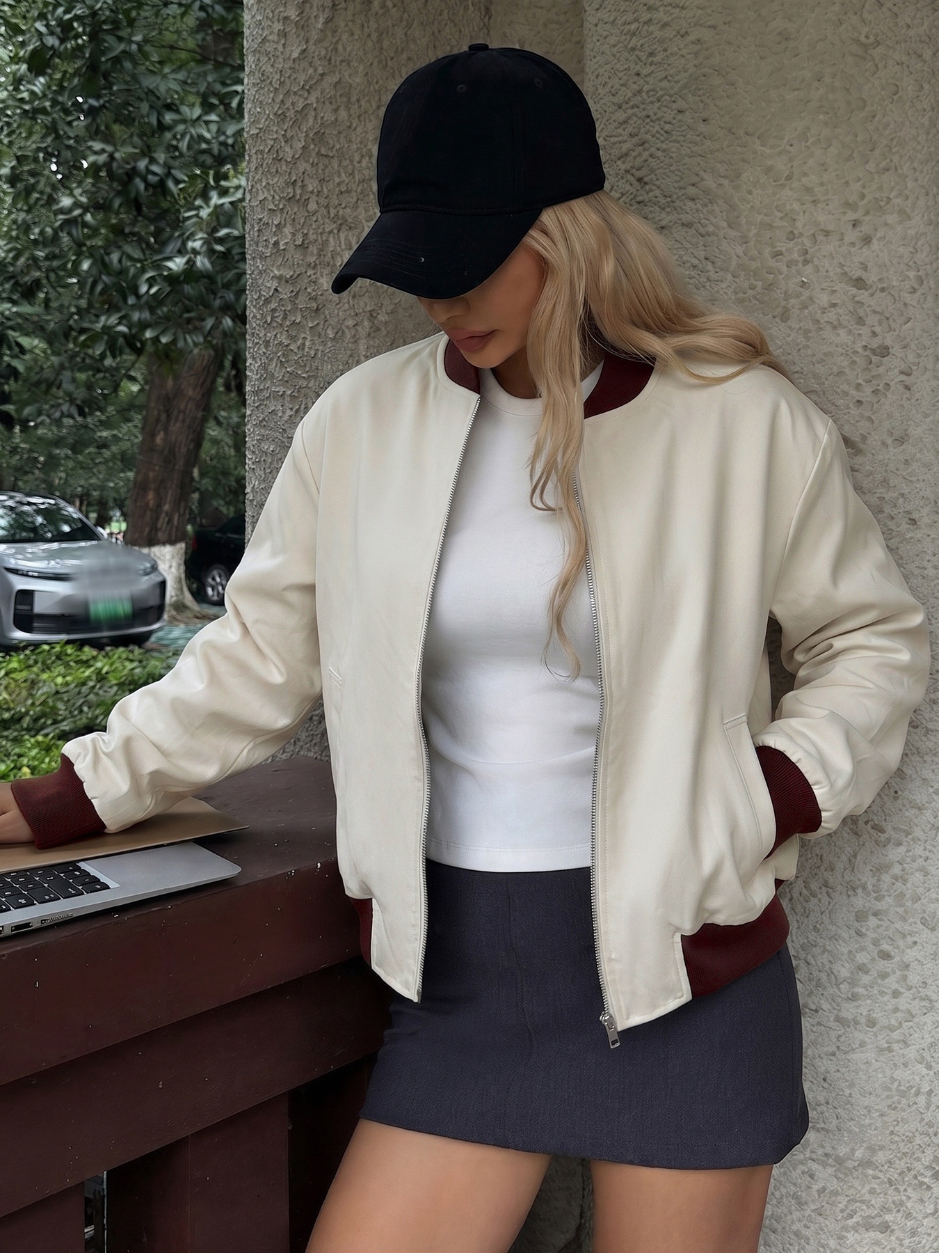 Two-Tone Ribbed Trim Zip-Up Bomber Jacket