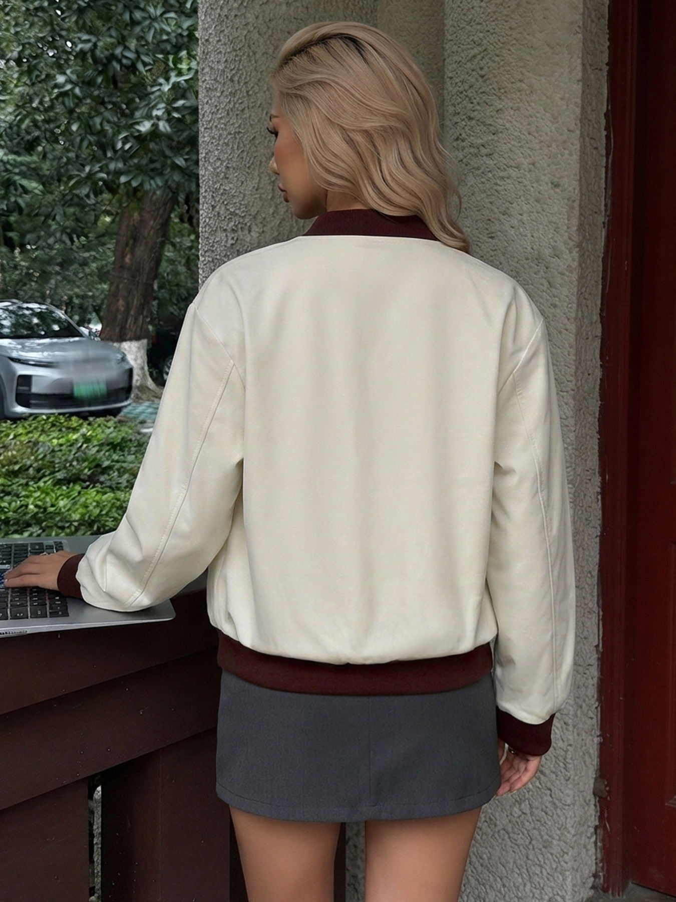 Two-Tone Ribbed Trim Zip-Up Bomber Jacket