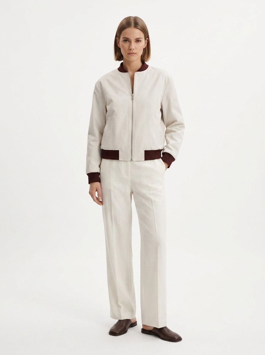 Two-Tone Ribbed Trim Zip-Up Bomber Jacket