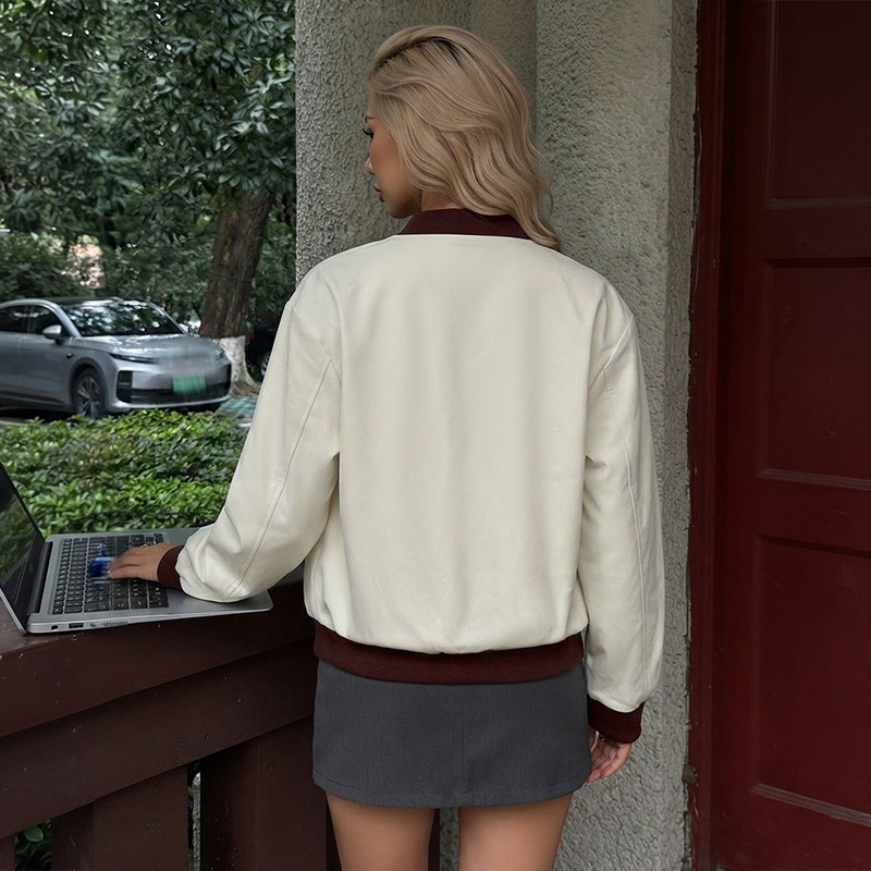 Two-Tone Ribbed Trim Zip-Up Bomber Jacket