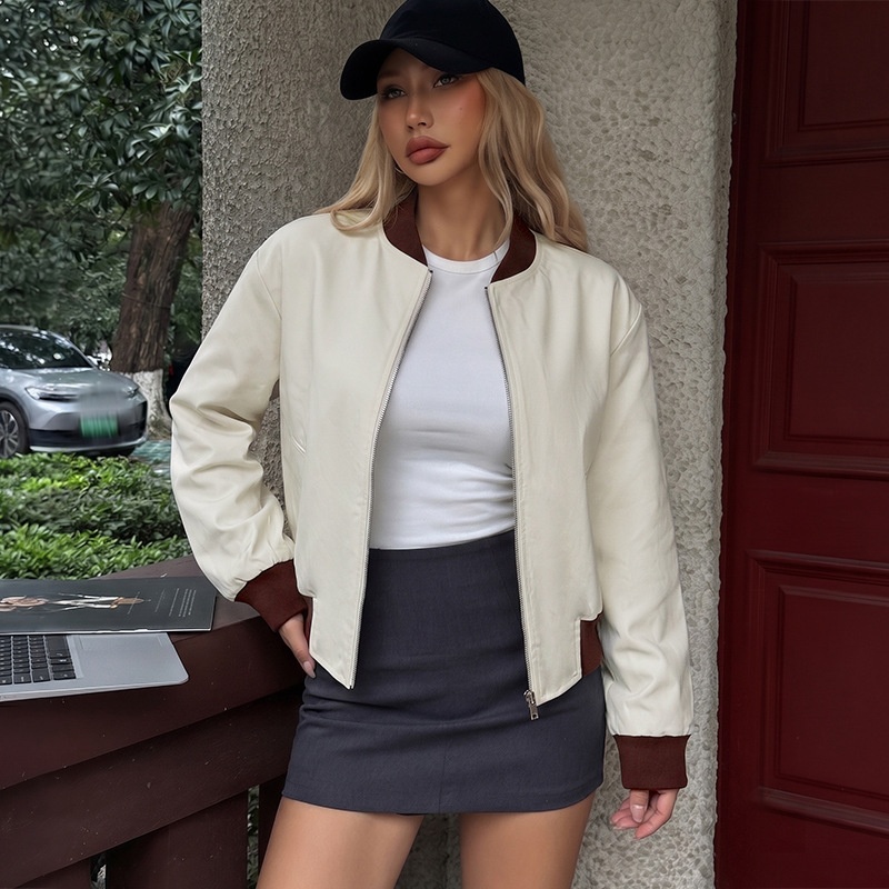 Two-Tone Ribbed Trim Zip-Up Bomber Jacket