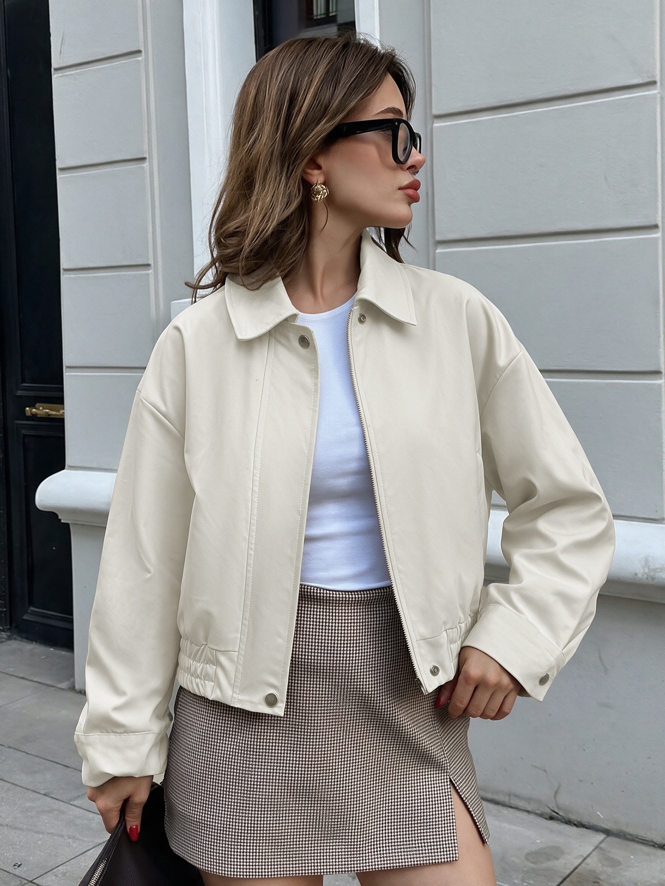 Off-White Zip-Up Bomber Jacket with Elastic Hem