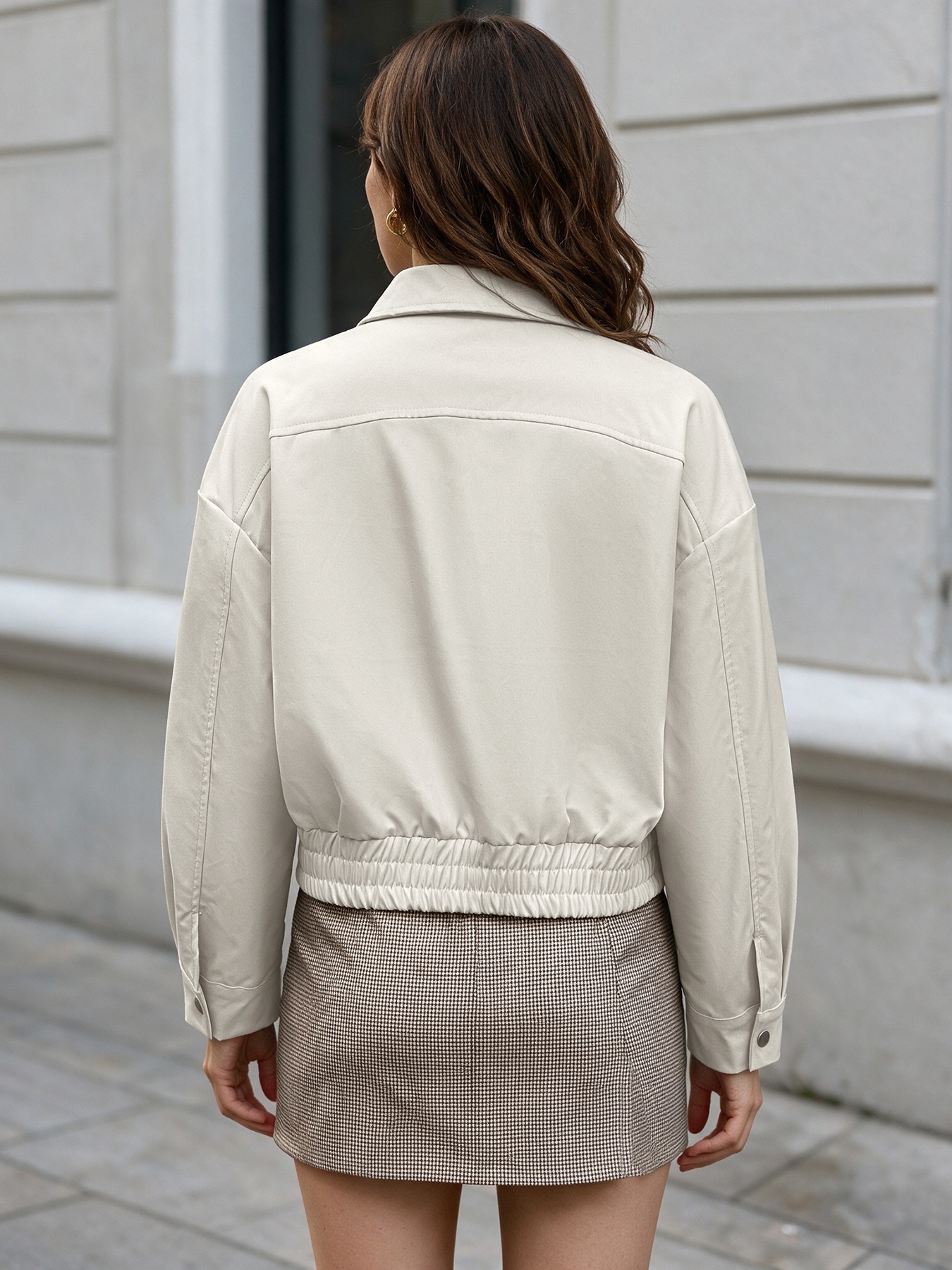 Off-White Zip-Up Bomber Jacket with Elastic Hem