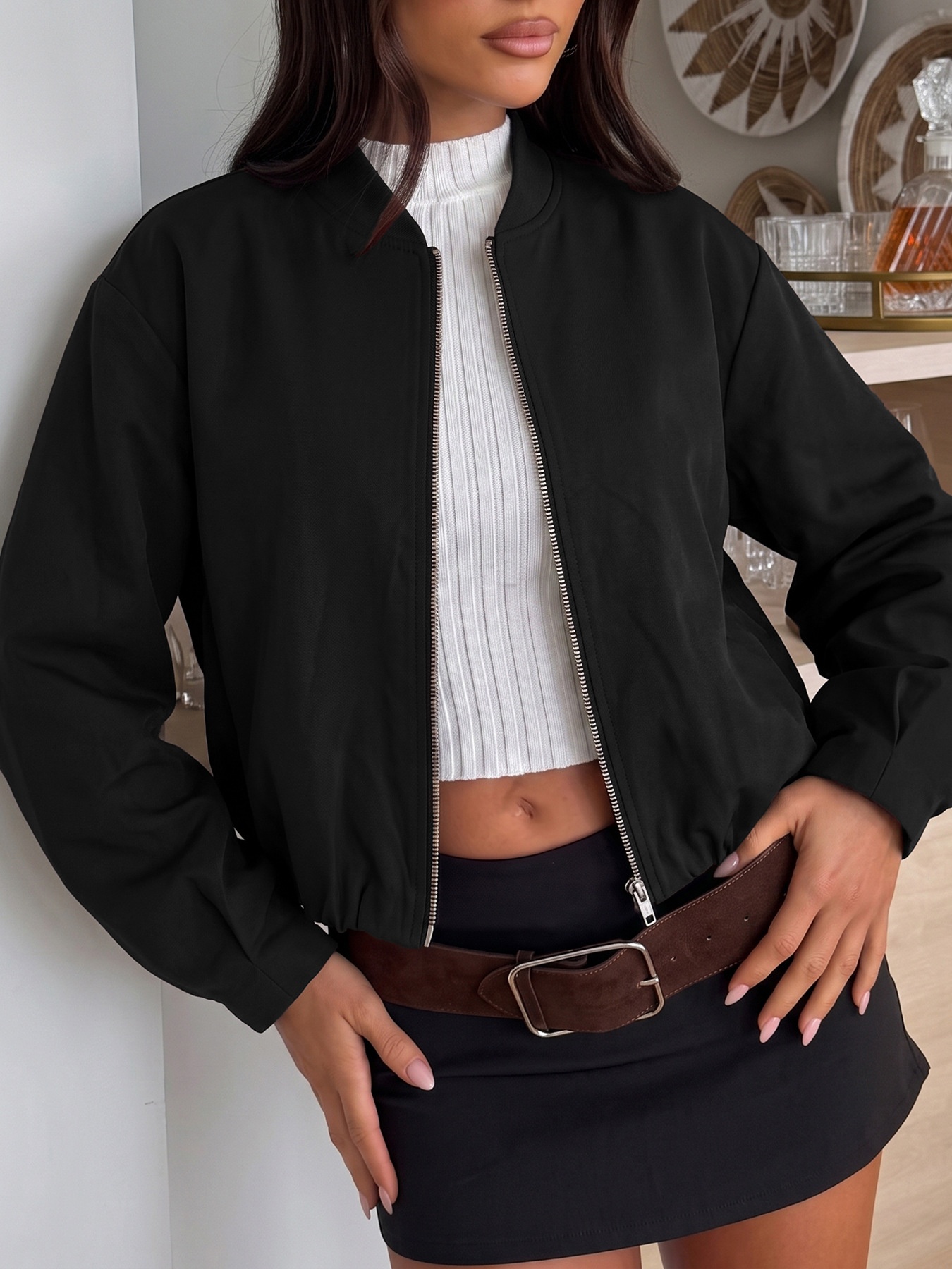 Women's Cropped Zip-Up Bomber Jacket