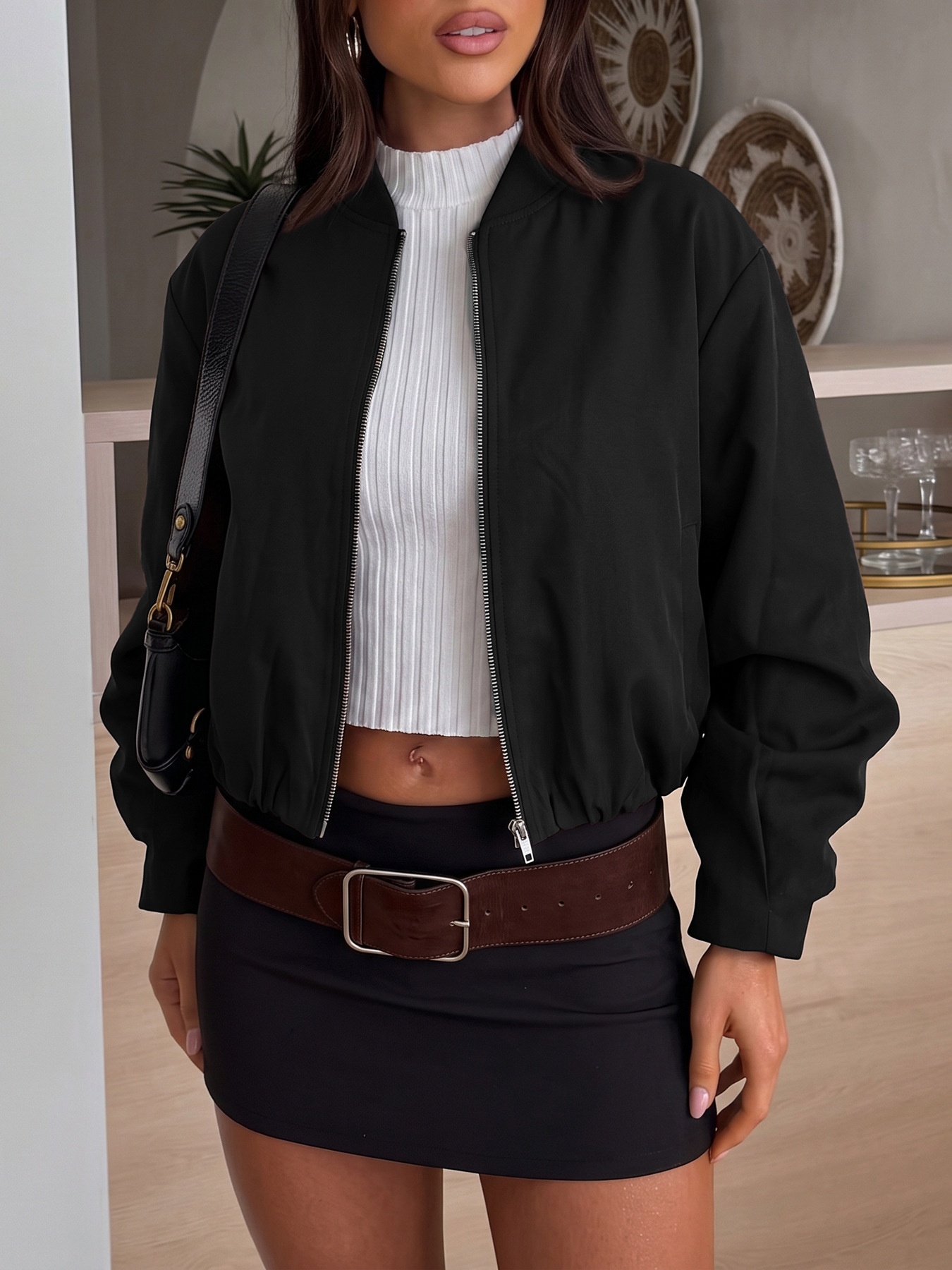 Women's Cropped Zip-Up Bomber Jacket