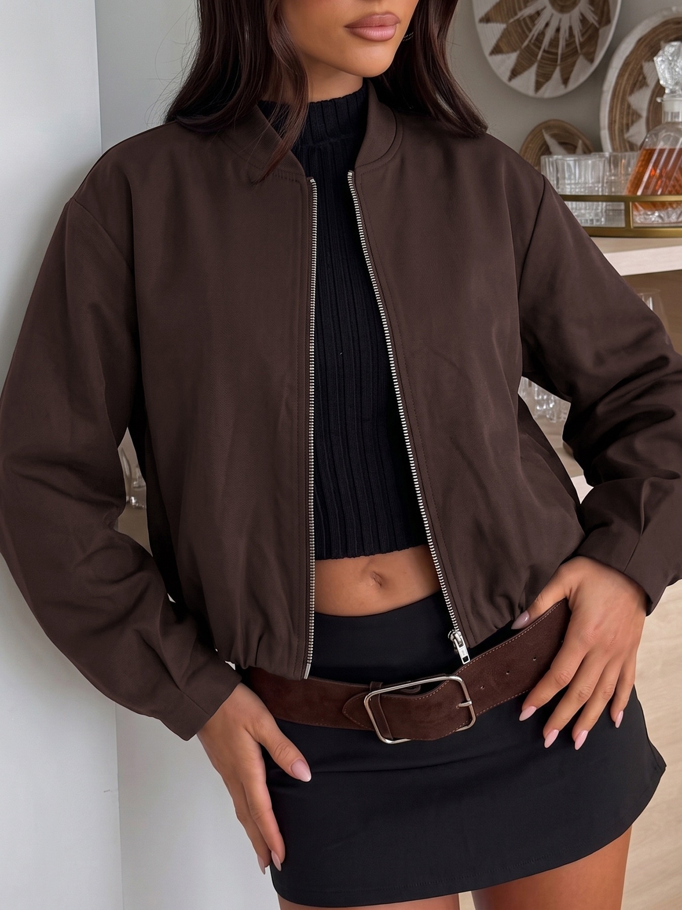 Women's Cropped Zip-Up Bomber Jacket